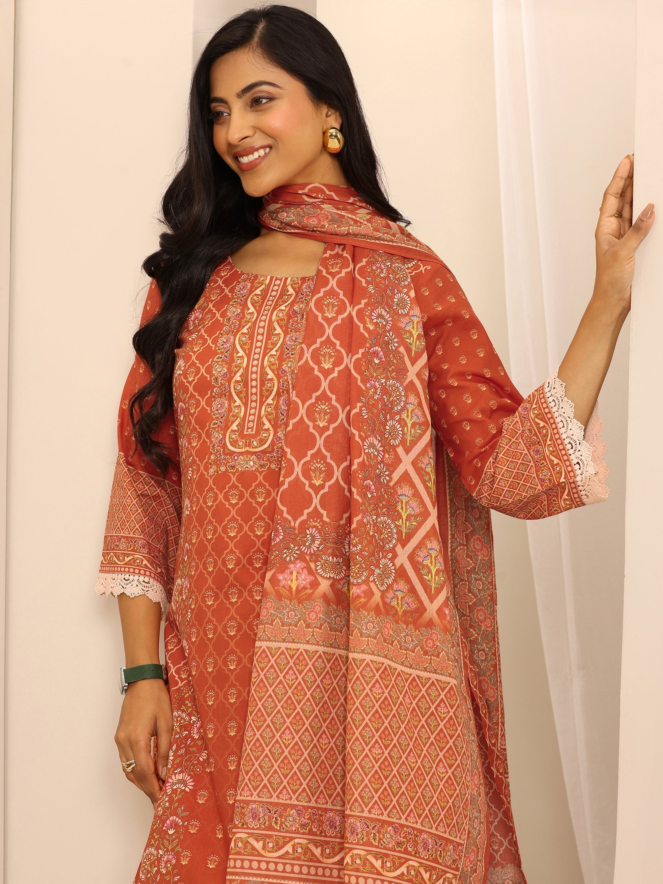 Orange Printed Cotton Blend Straight Suit Set With Dupatta-image-37
