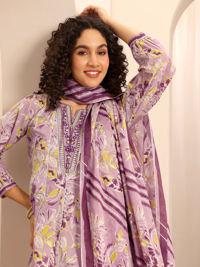 Libas Purple Printed Cotton Blend Anarkali Suit Set With Dupatta