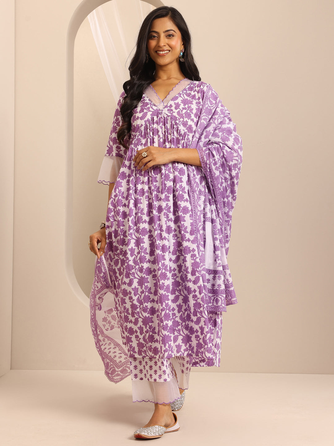  Purple Printed Cotton Blend Anarkali Suit Set With Dupatta 