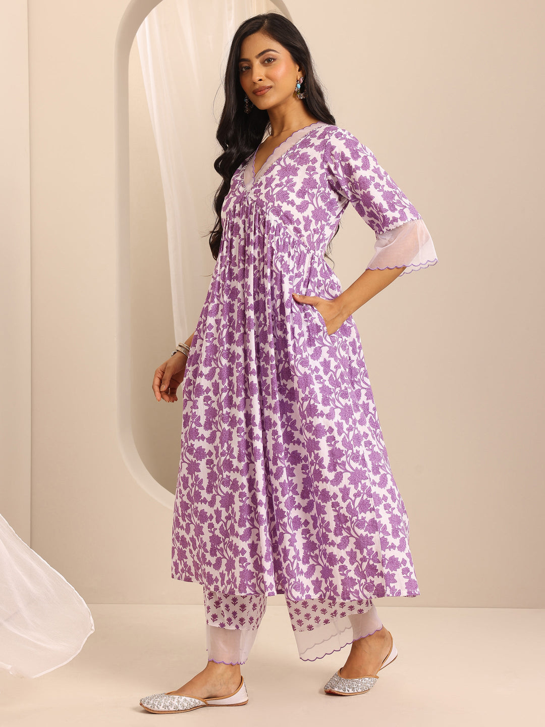  Purple Printed Cotton Blend Anarkali Suit Set With Dupatta 