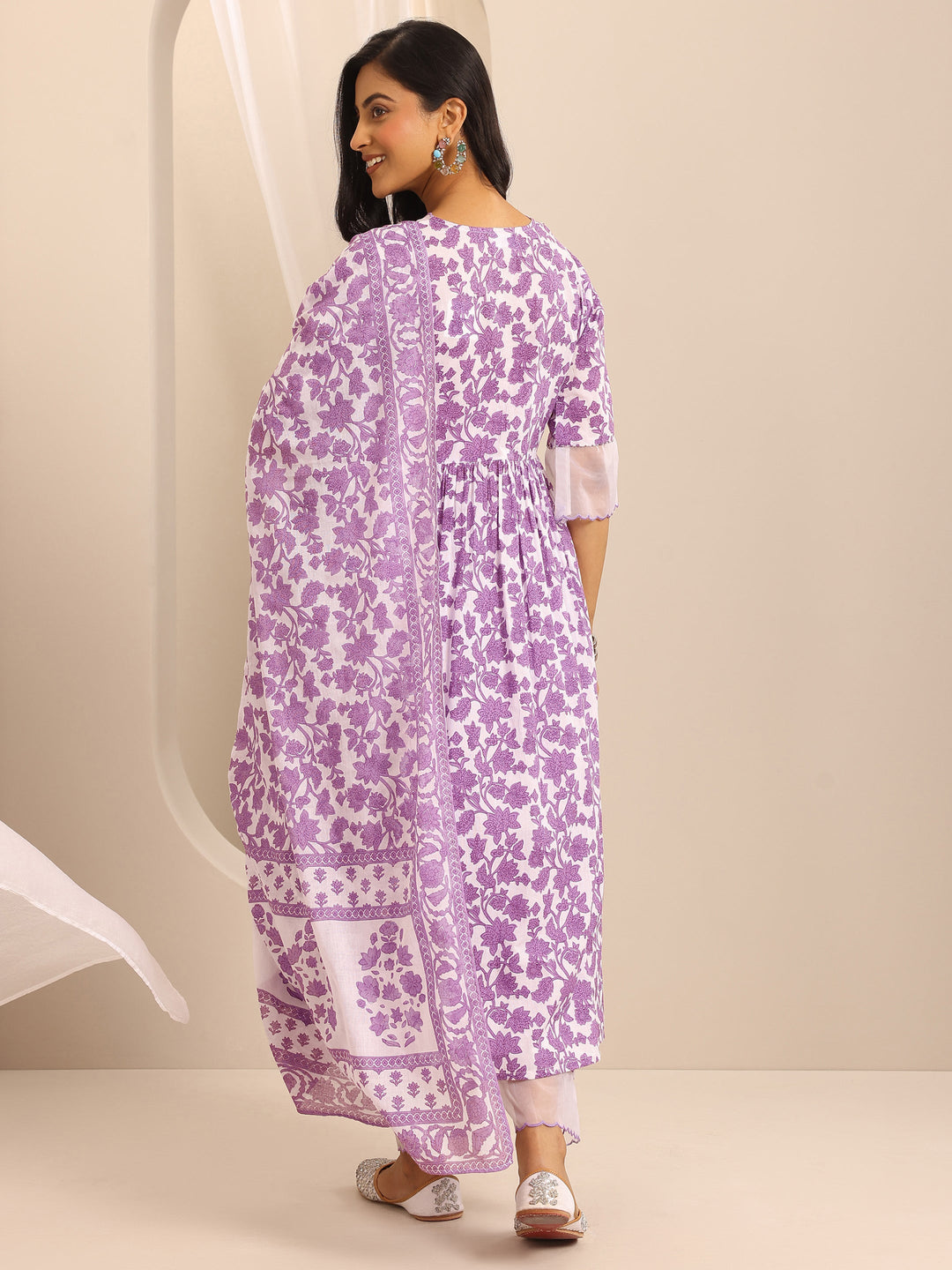  Purple Printed Cotton Blend Anarkali Suit Set With Dupatta 