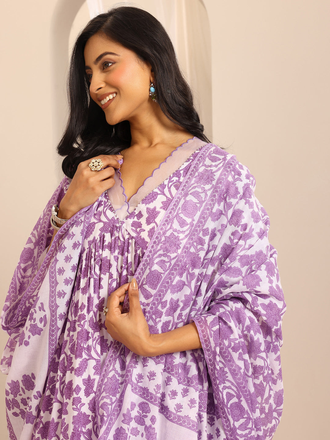  Purple Printed Cotton Blend Anarkali Suit Set With Dupatta 
