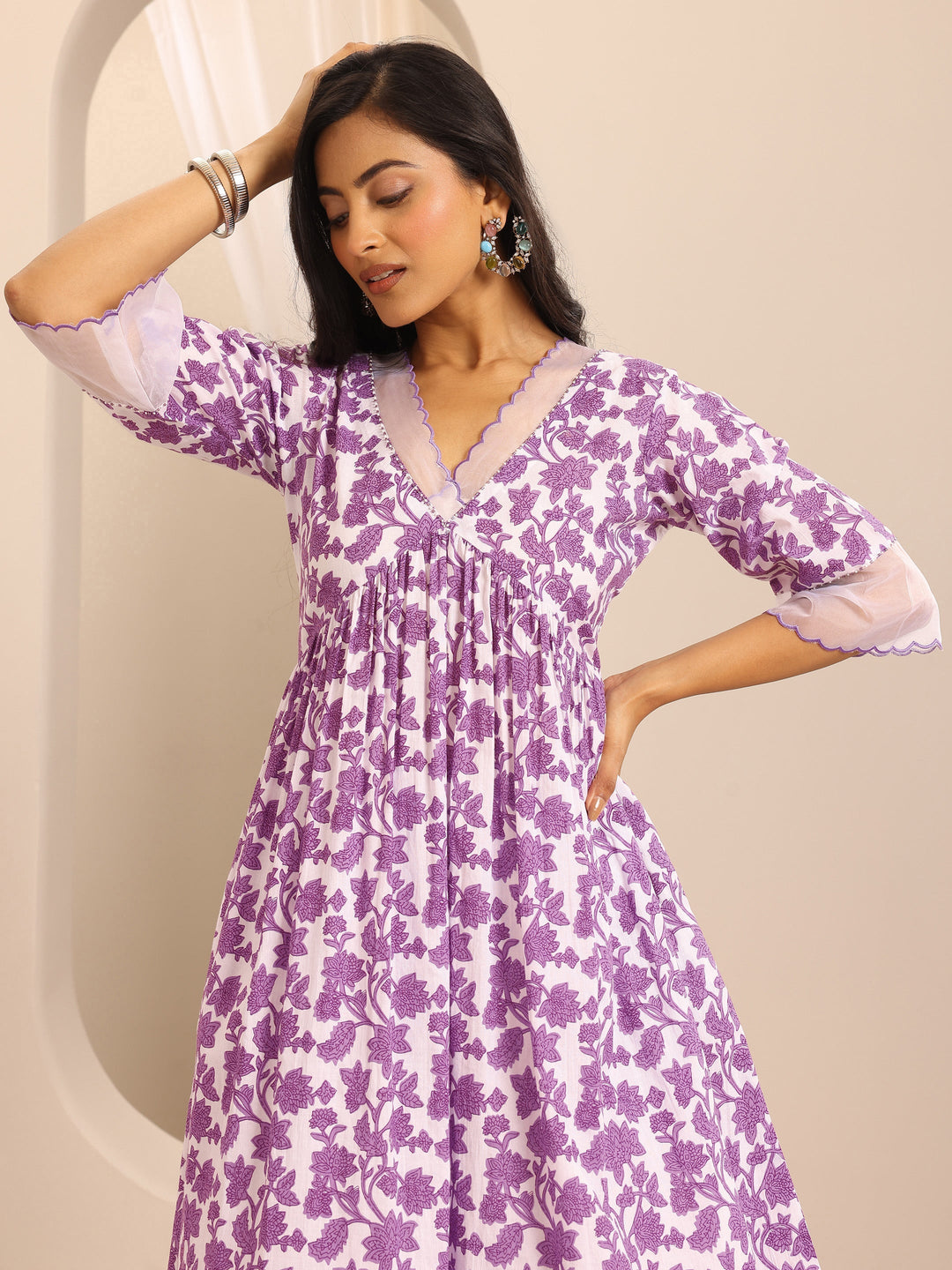  Purple Printed Cotton Blend Anarkali Suit Set With Dupatta 