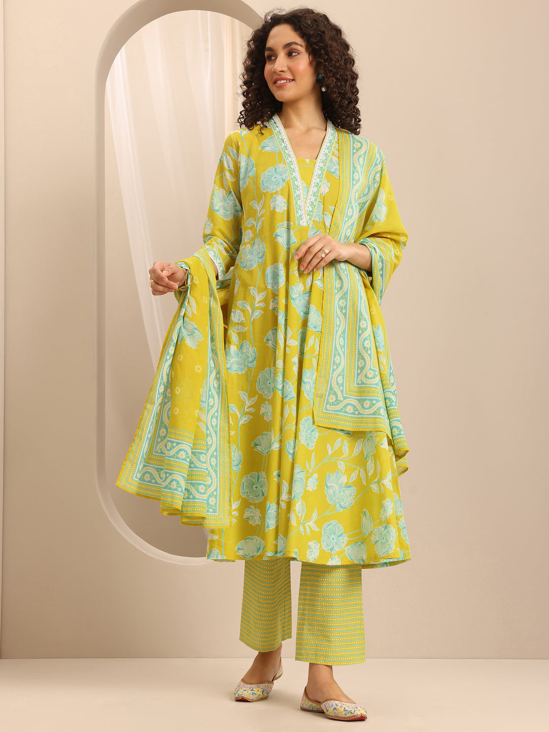  Mustard Printed Cotton Straight Suit Set With Dupatta 