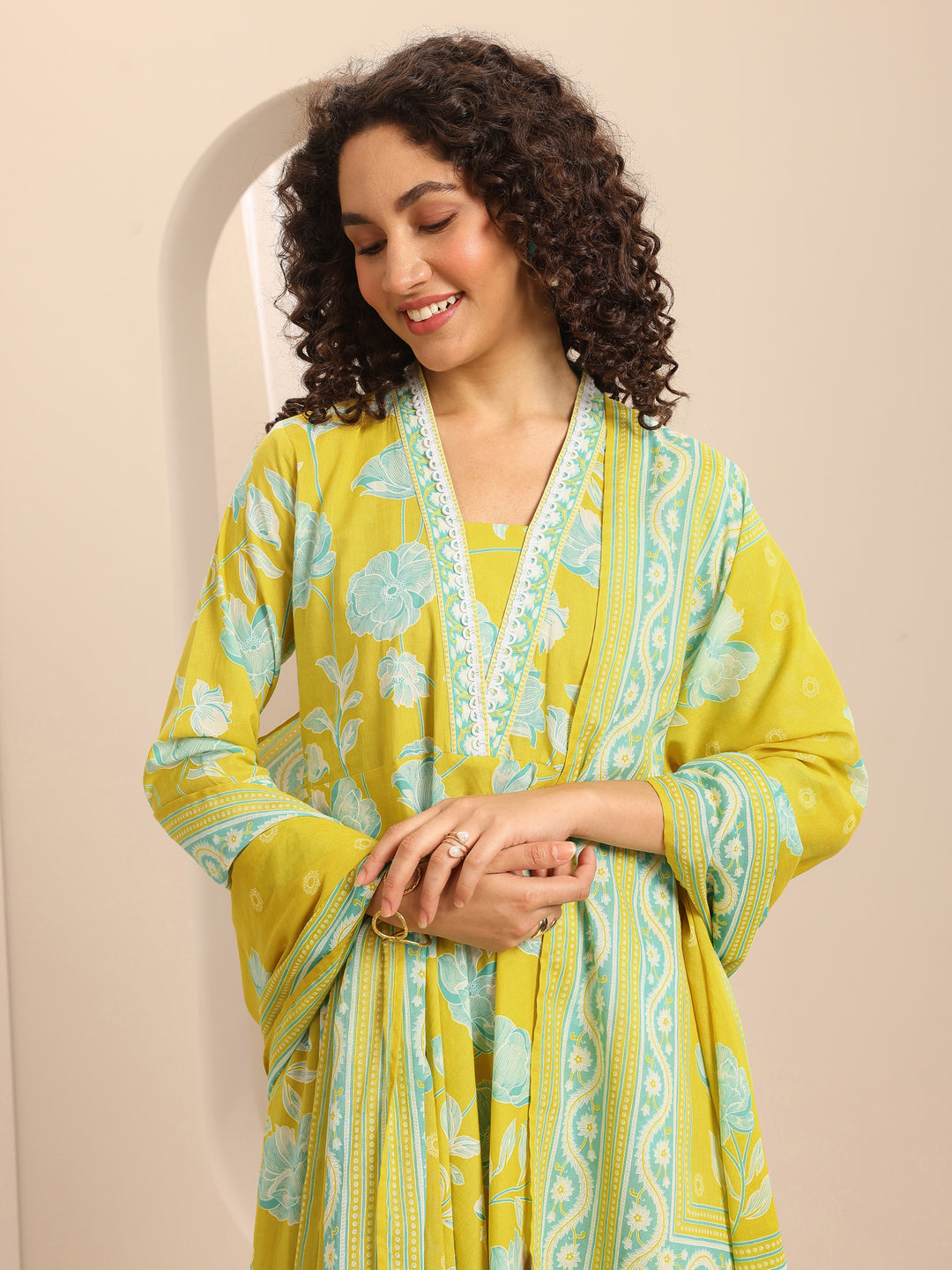  Mustard Printed Cotton Straight Suit Set With Dupatta 