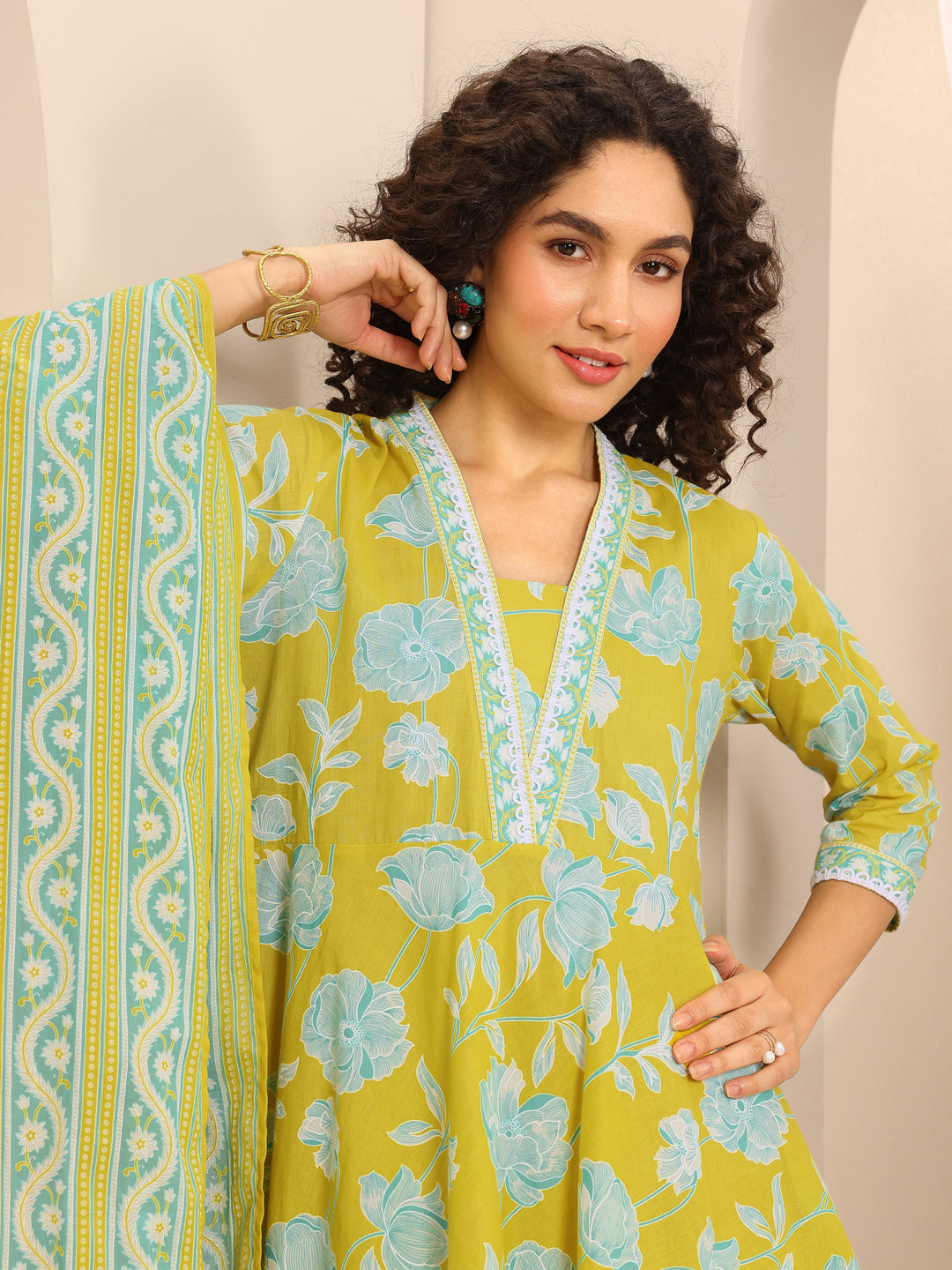  Mustard Printed Cotton Straight Suit Set With Dupatta 