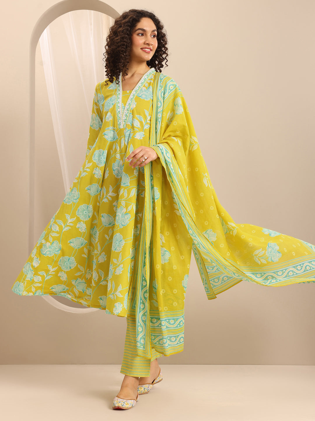 Mustard Printed Cotton Straight Suit Set With Dupatta