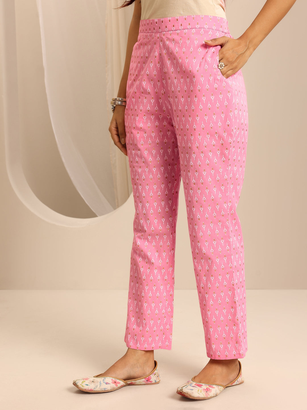  Pink Printed Cotton Blend Anarkali Suit Set With Dupatta 