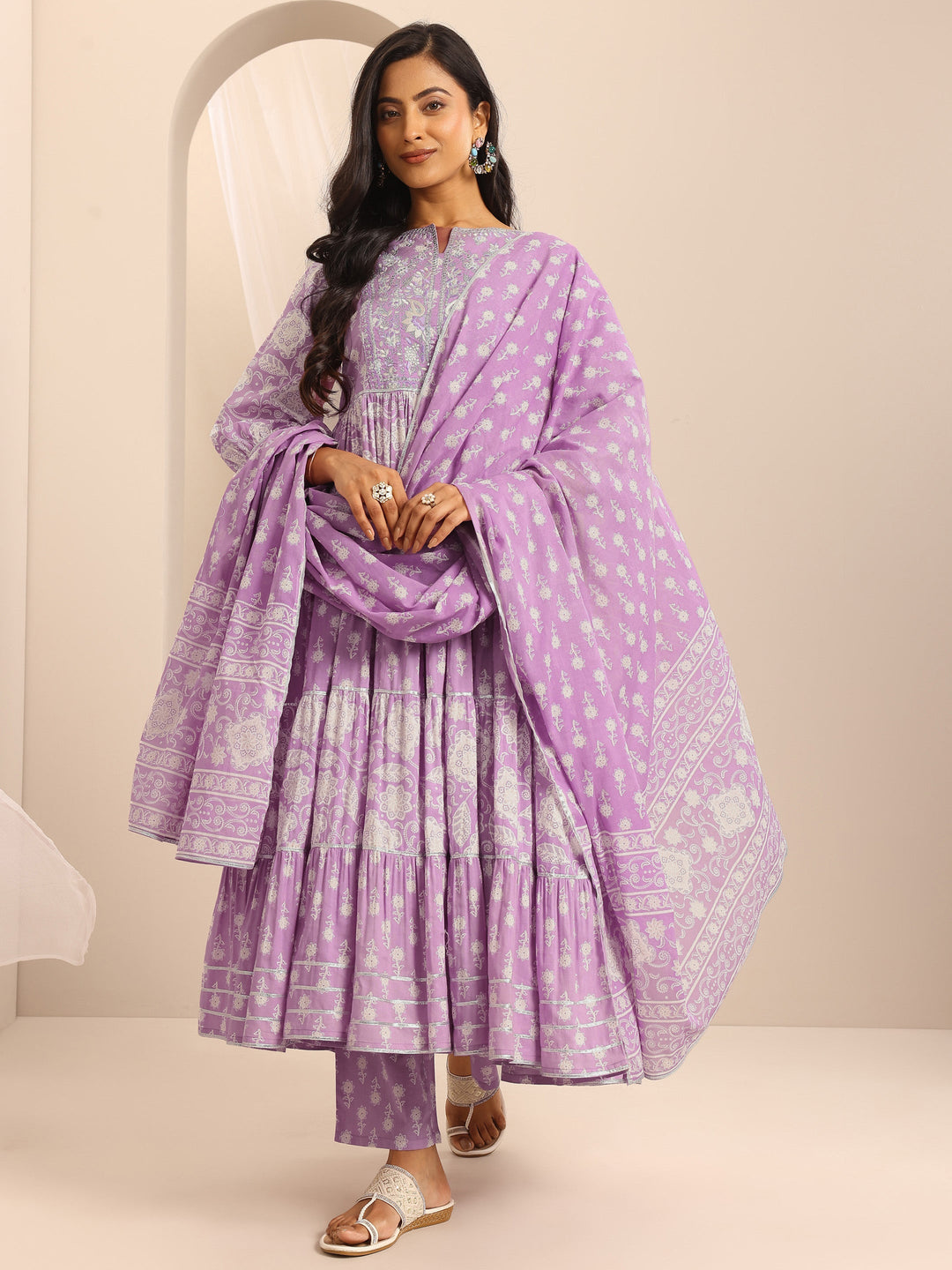  Purple Printed Cotton Blend Anarkali Suit Set With Dupatta 
