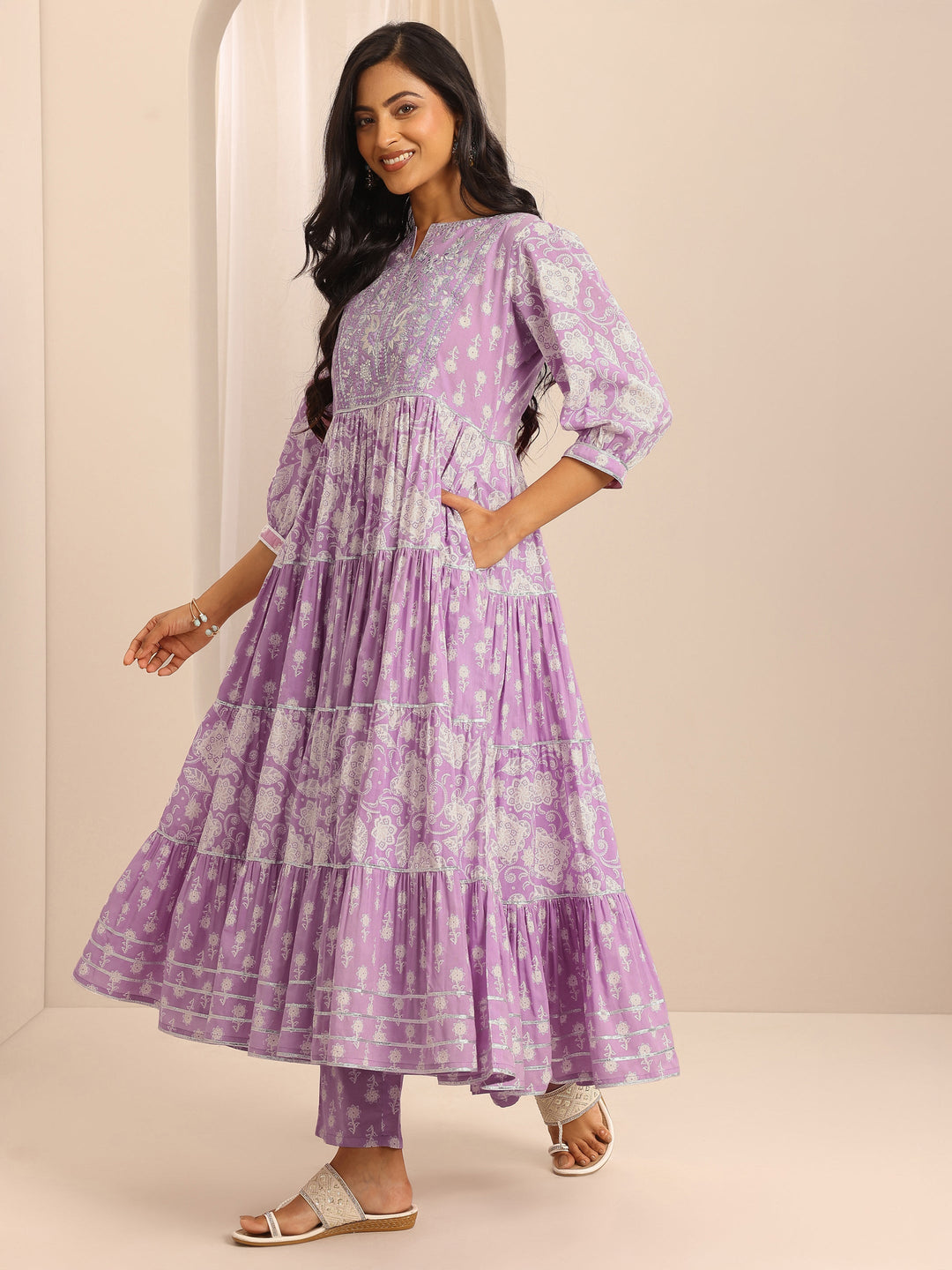  Purple Printed Cotton Blend Anarkali Suit Set With Dupatta 
