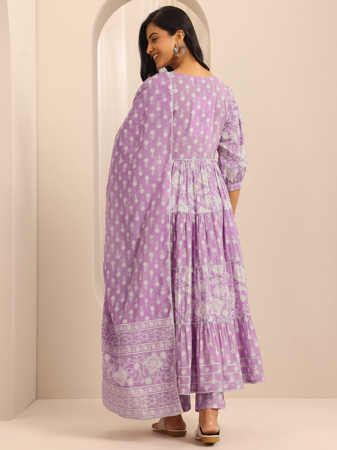  Purple Printed Cotton Blend Anarkali Suit Set With Dupatta 