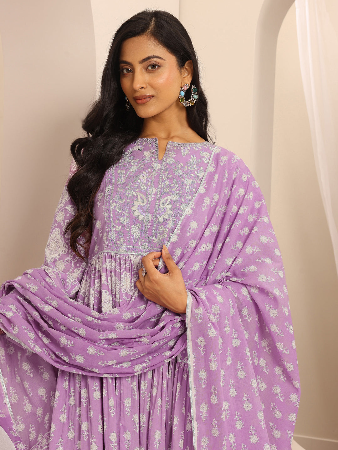  Purple Printed Cotton Blend Anarkali Suit Set With Dupatta 