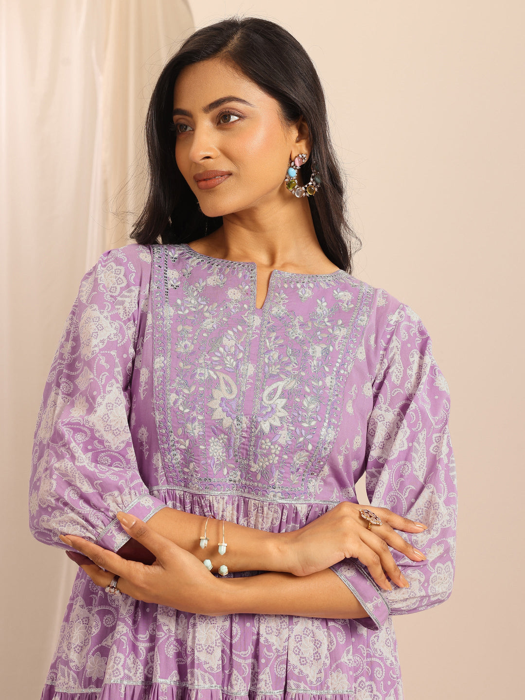  Purple Printed Cotton Blend Anarkali Suit Set With Dupatta 