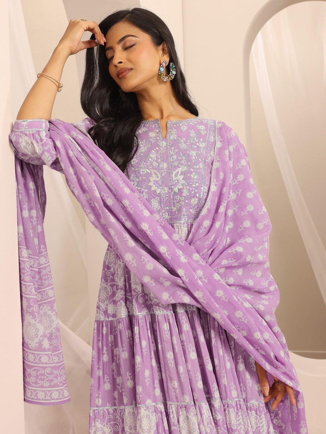  Purple Printed Cotton Blend Anarkali Suit Set With Dupatta 