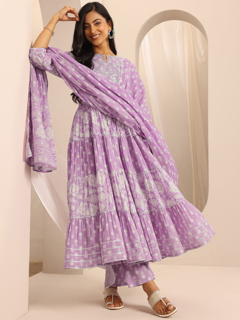 Libas Purple Printed Cotton Blend Anarkali Suit Set With Dupatta