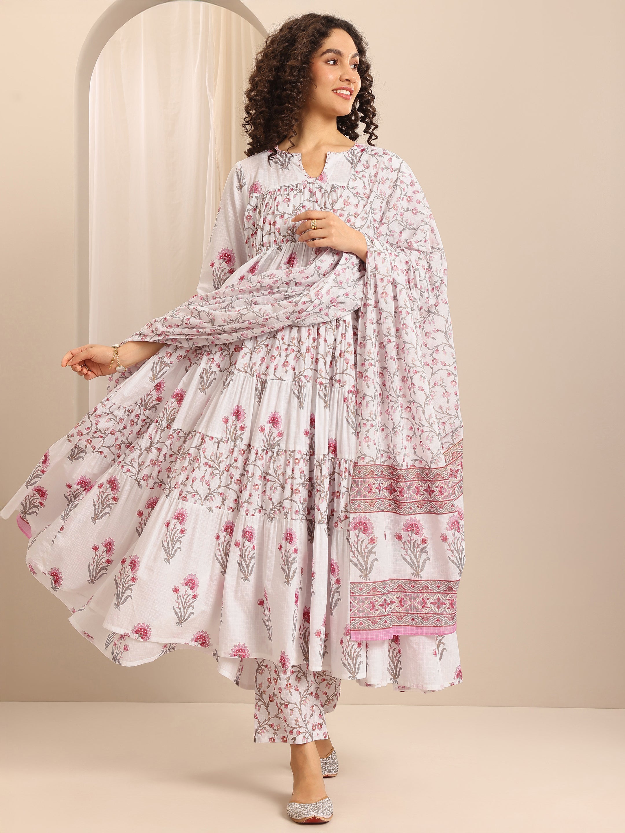 White Printed Cotton Blend Anarkali Suit Set With Dupatta-image-49