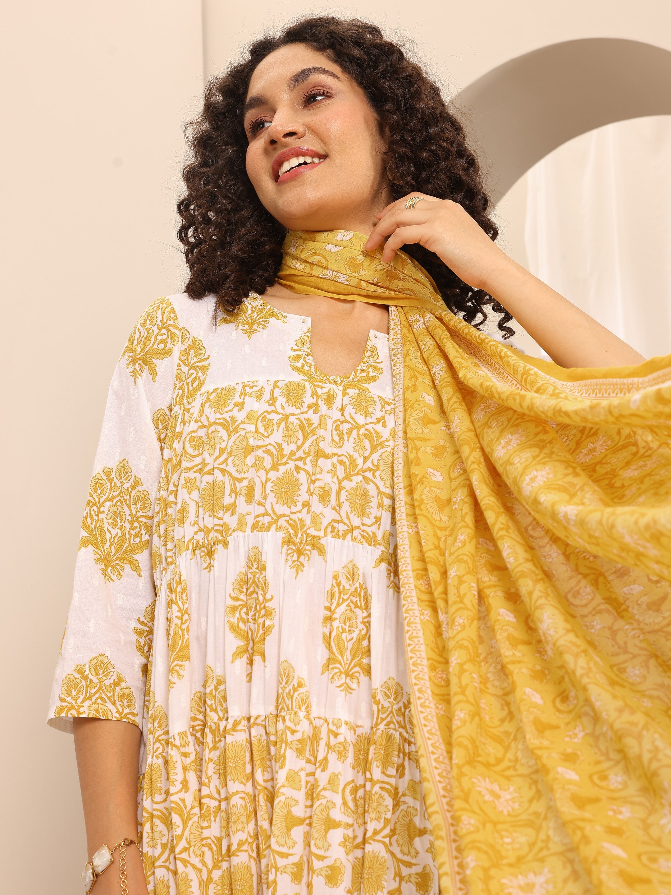 Yellow Printed Cotton Blend Anarkali Suit Set With Dupatta-image-29