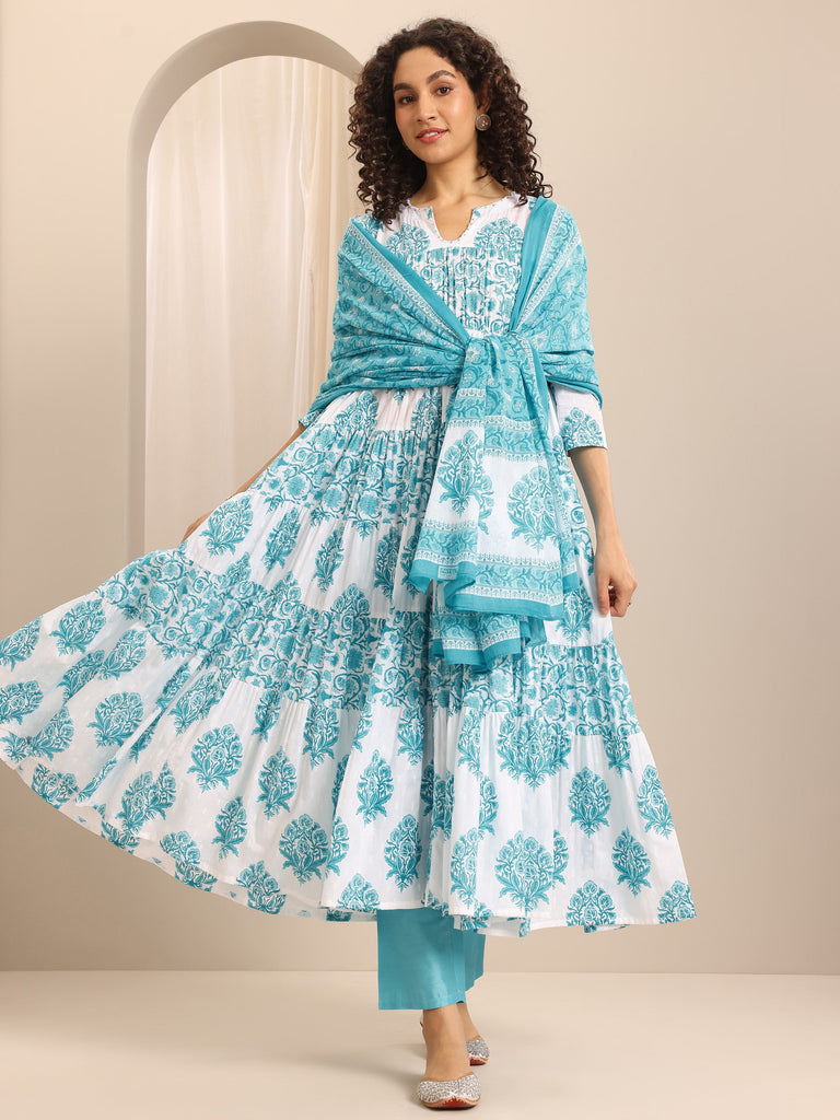 Libas Blue Printed Cotton Blend Anarkali Suit Set With Dupatta