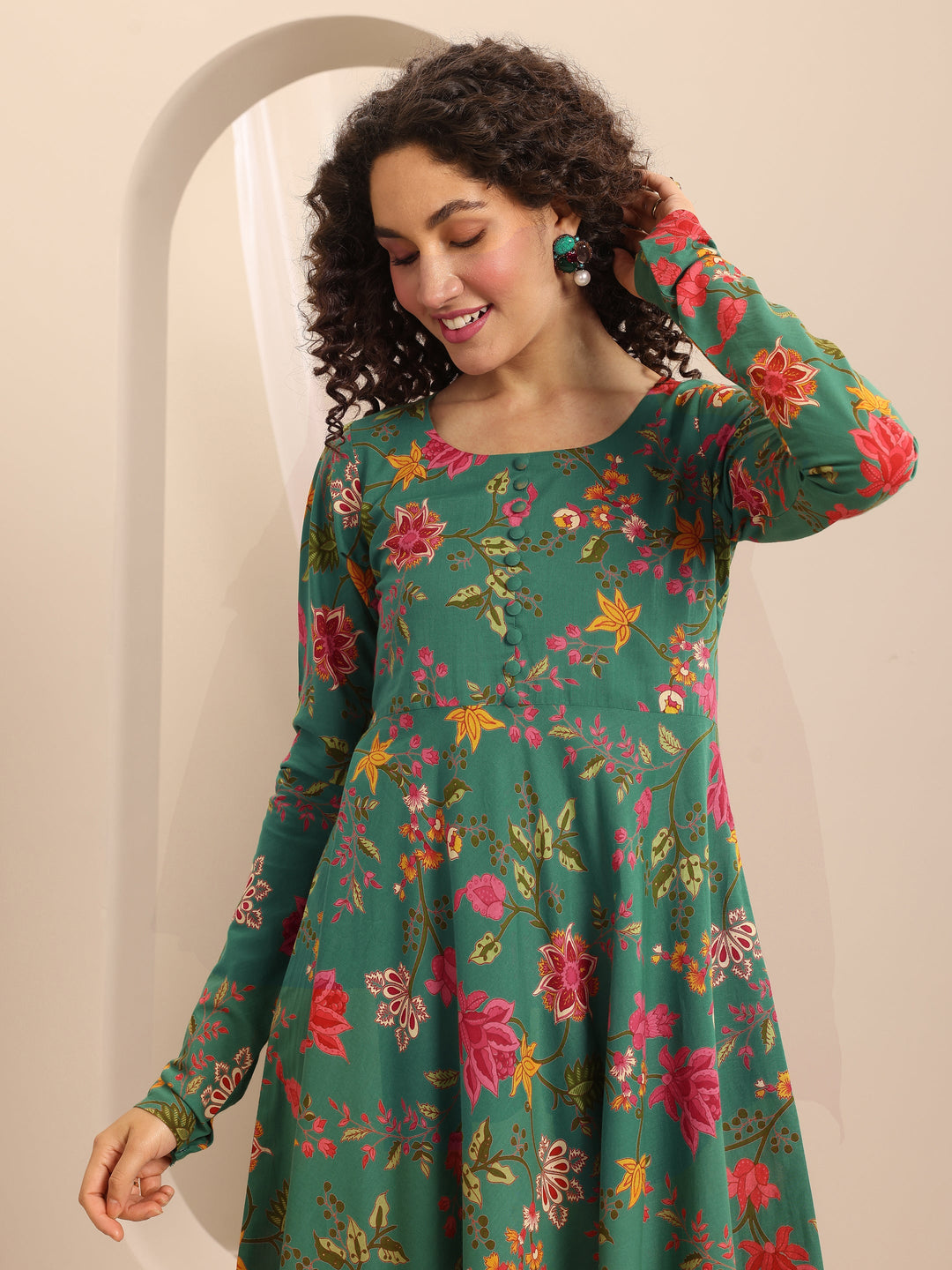  Green Printed Cotton Blend Anarkali Suit Set With Dupatta 