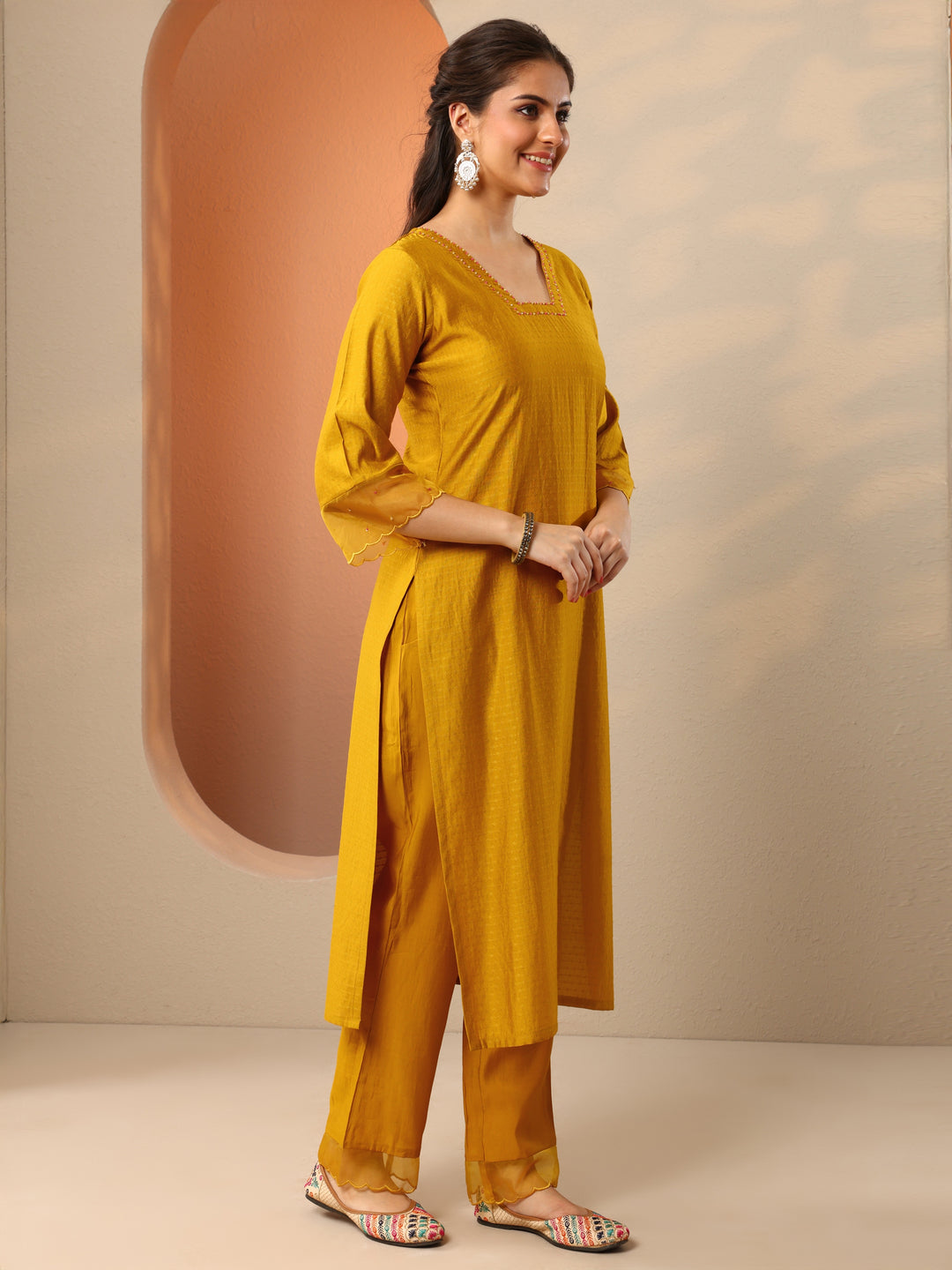  Mustard Woven Design Silk Blend Straight Suit Set With Dupatta 