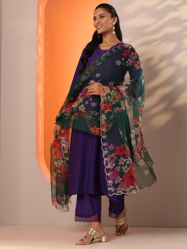 Gerua Purple Woven Design Silk Blend Straight Suit Set With Dupatta