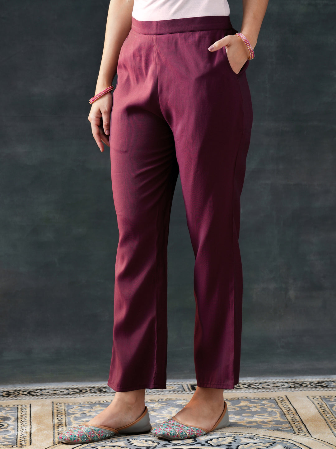  Burgundy Woven Design Silk Blend Straight Suit Set With Dupatta 