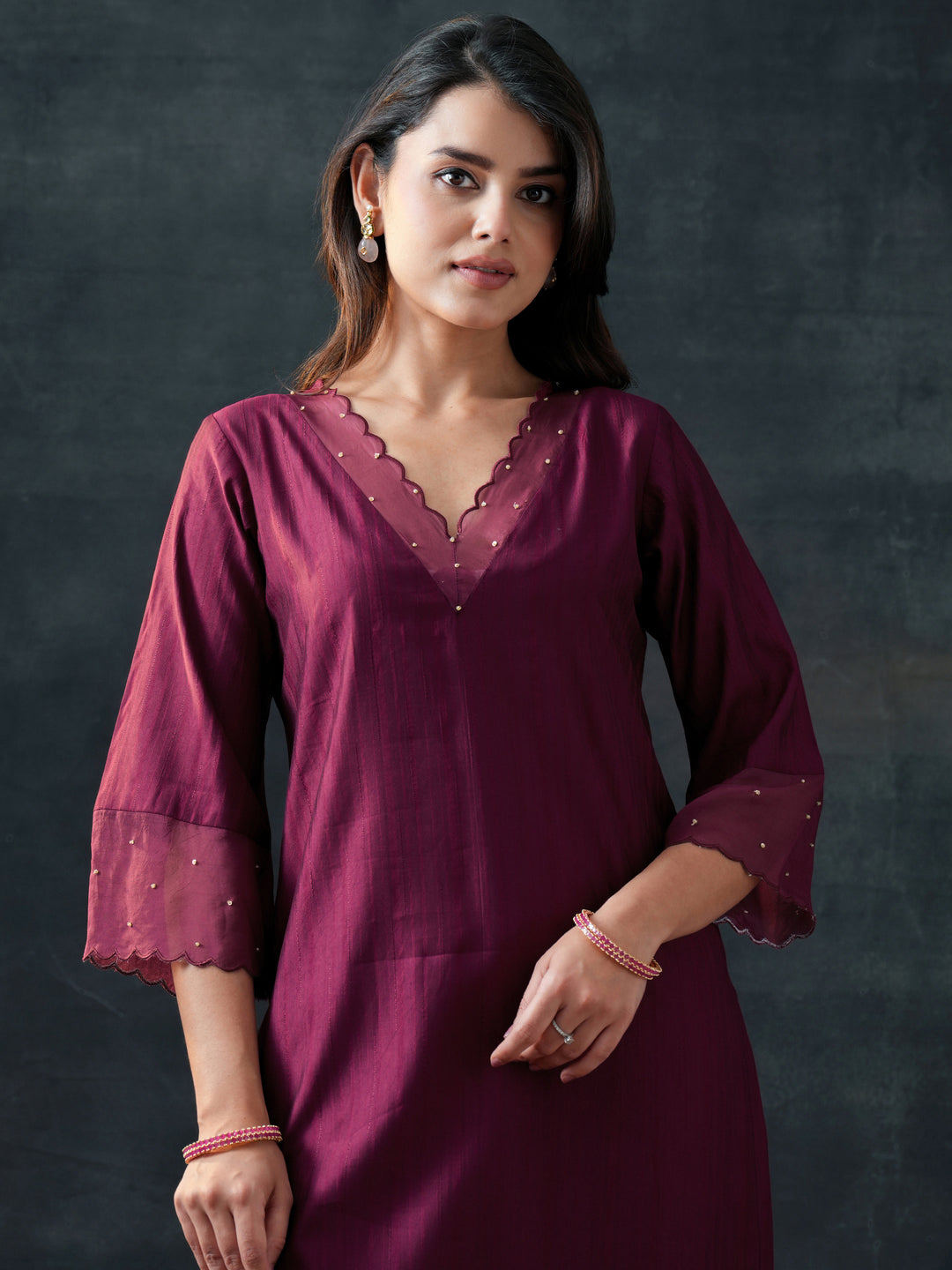 Burgundy Woven Design Silk Blend Straight Suit Set With Dupatta 