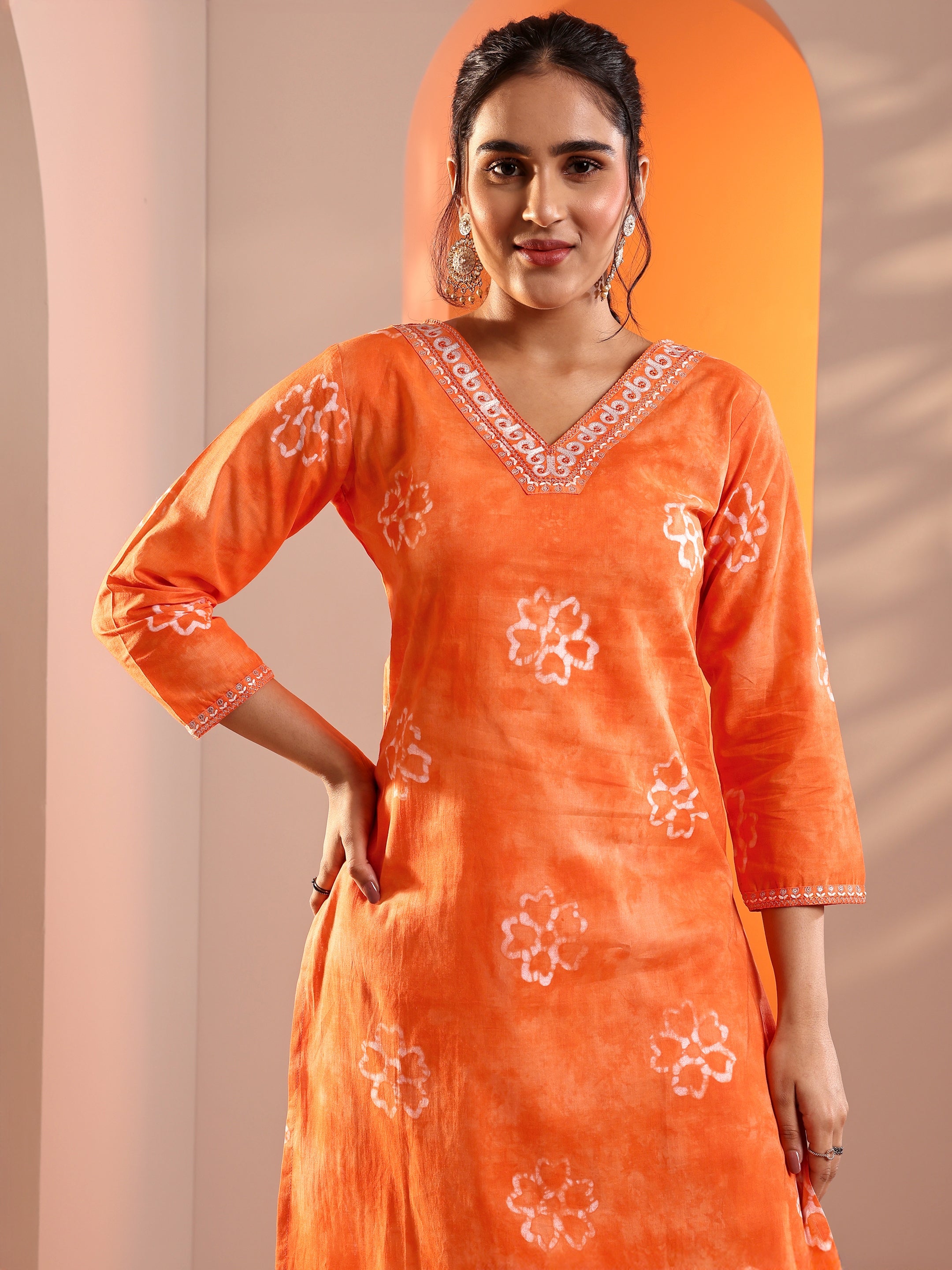 Buy Orange Printed Cotton Straight Suit Set With Dupatta Online at