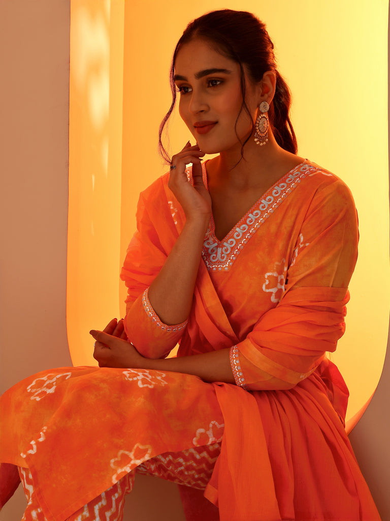 Libas Orange Printed Cotton Straight Suit Set With Dupatta