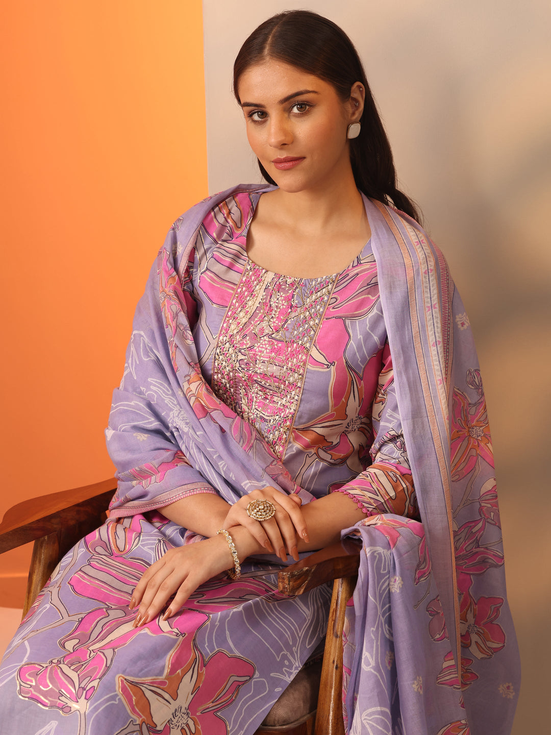Lavender Printed Cotton Straight Suit Set With Dupatta
