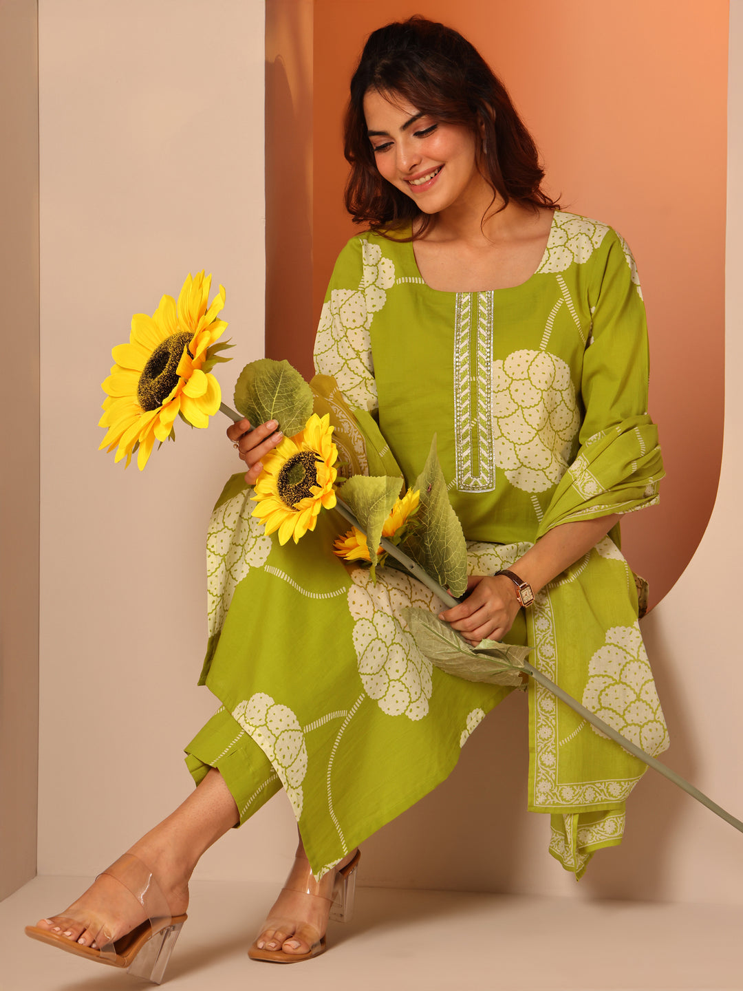  Green Printed Cotton Straight Suit Set With Dupatta 