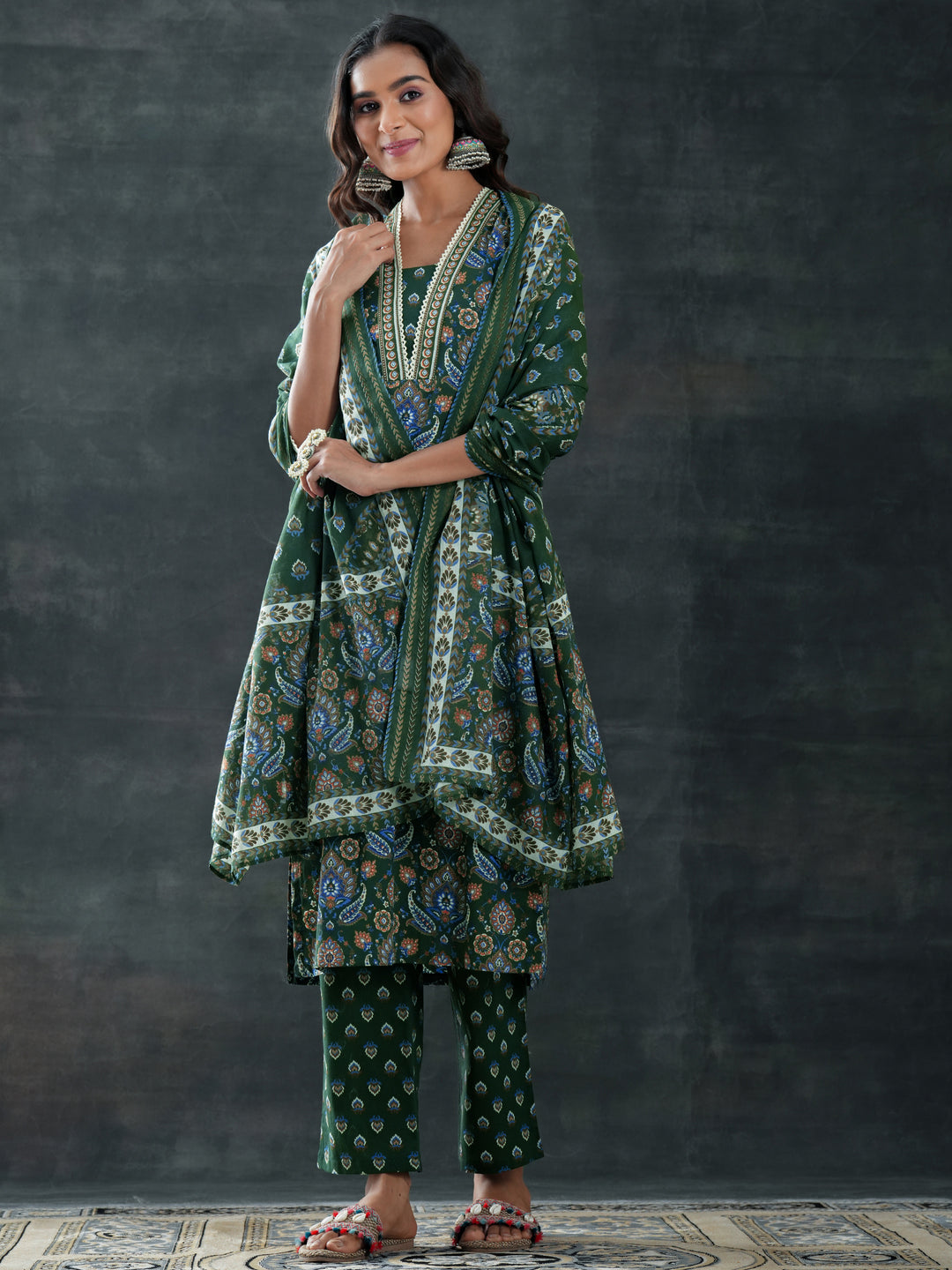  Green Printed Cotton Straight Suit Set With Dupatta 
