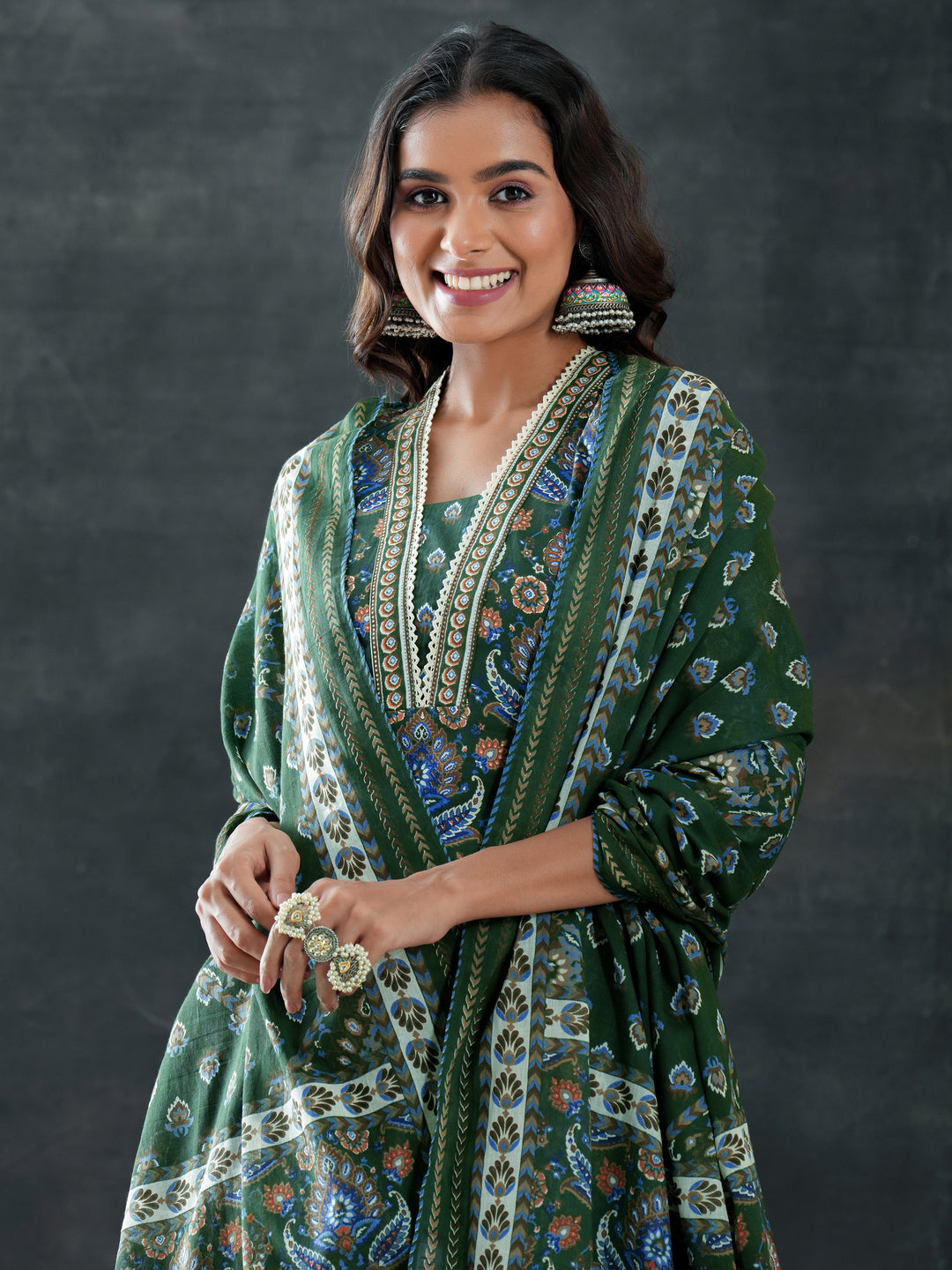 Green Printed Cotton Straight Suit Set With Dupatta 