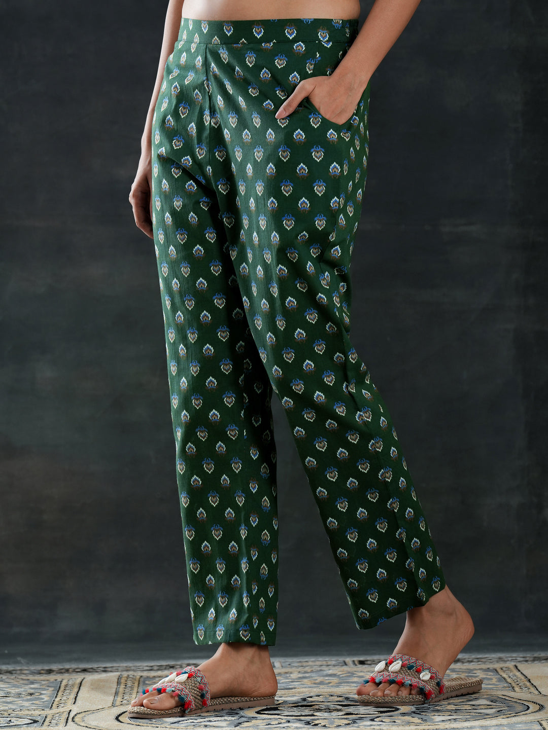  Green Printed Cotton Straight Suit Set With Dupatta 