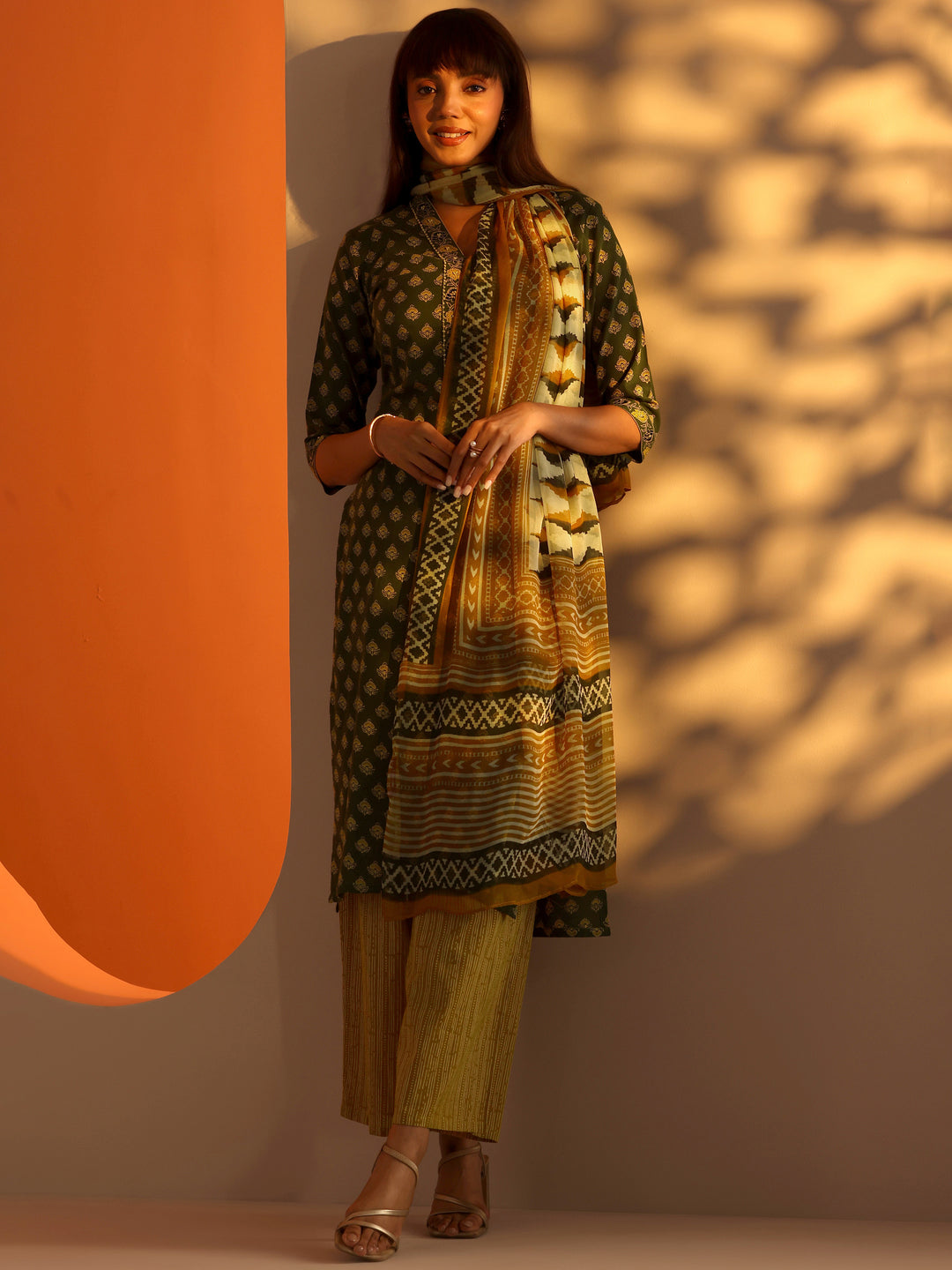 Green Printed Cotton Straight Suit Set With Dupatta