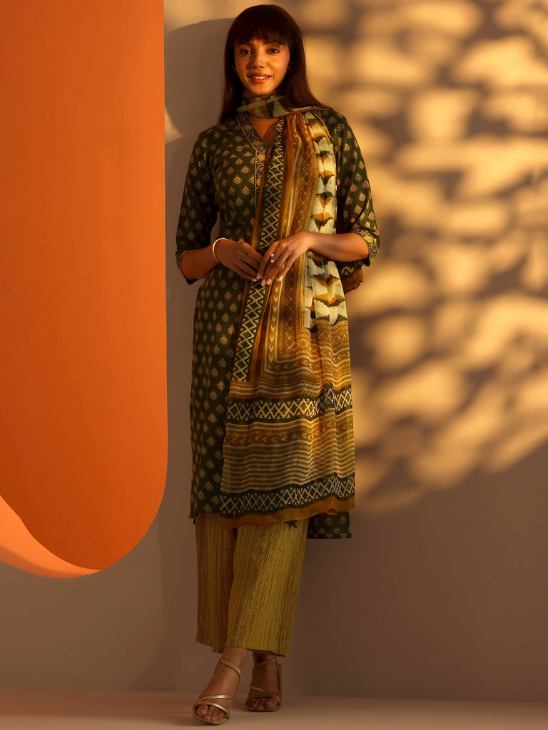 Libas Green Printed Cotton Straight Suit Set With Dupatta
