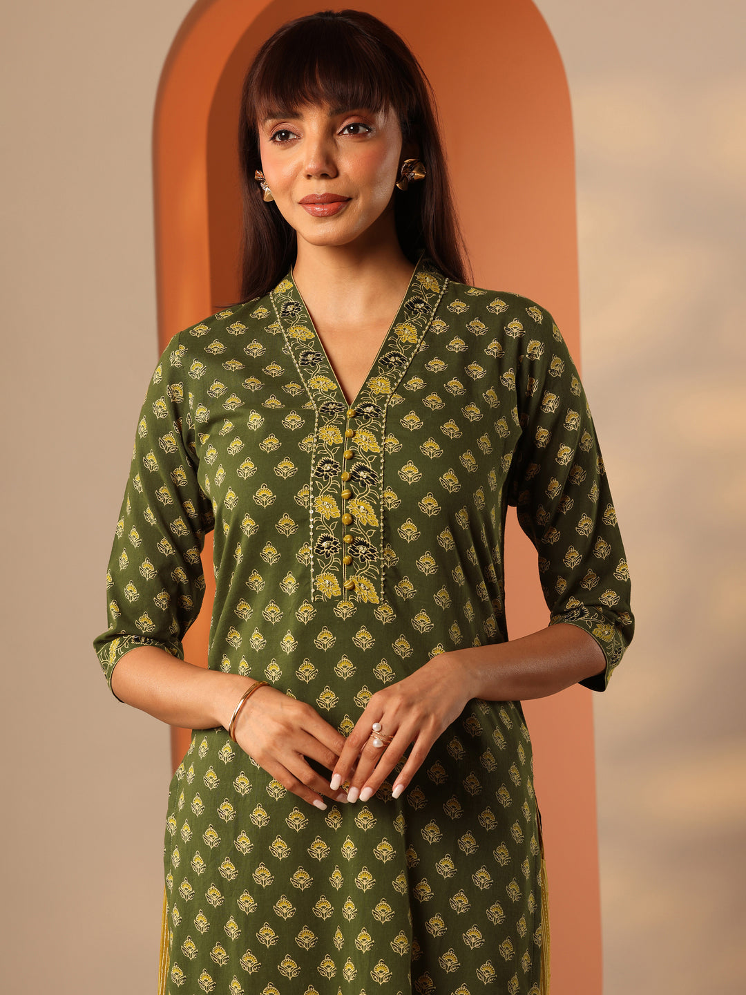  Green Printed Cotton Straight Suit Set With Dupatta 