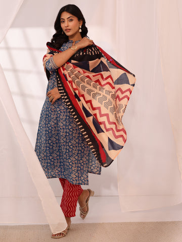 Blue Printed Cotton Straight Suit Set With Dupatta