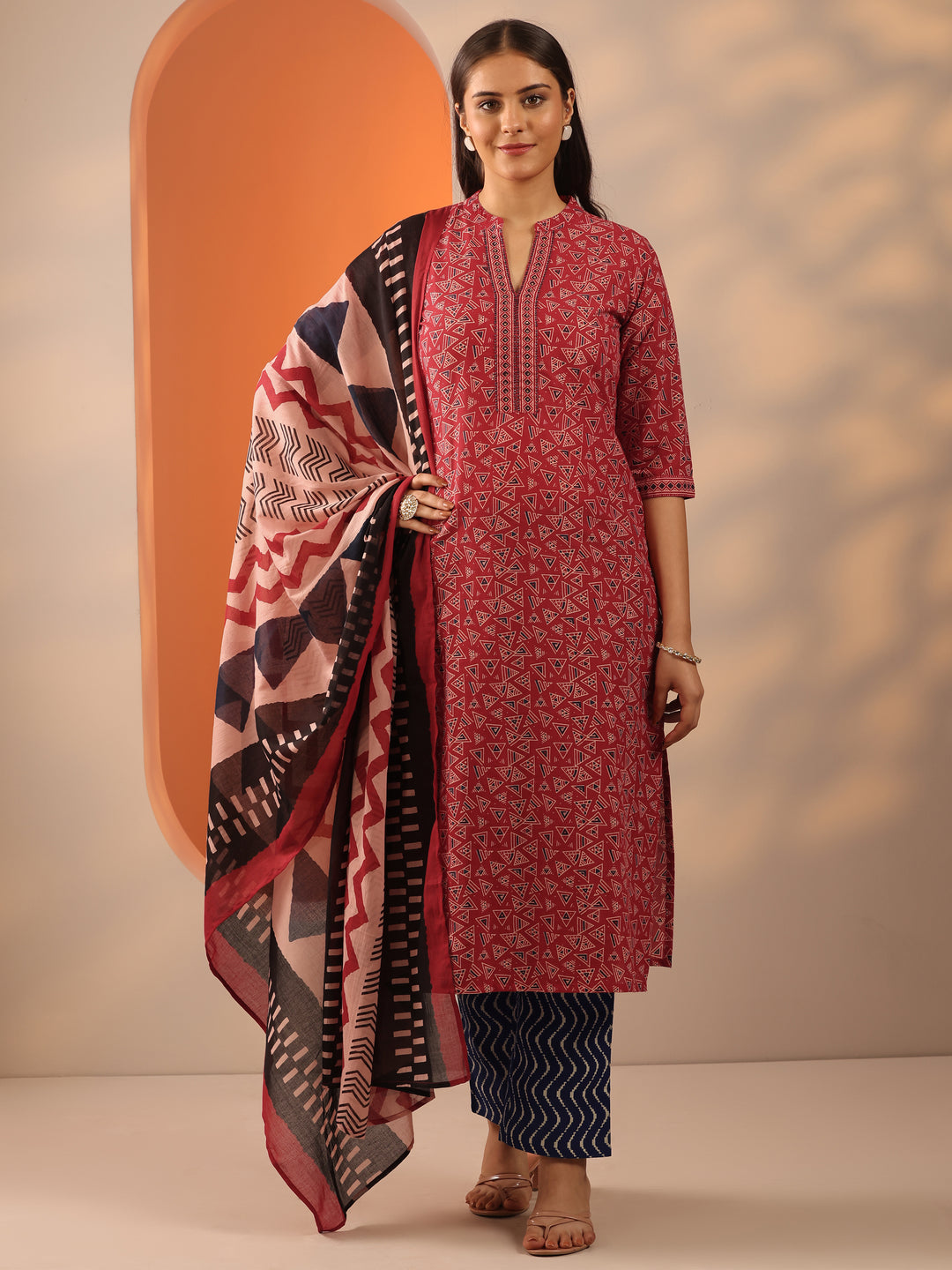  Red Printed Cotton Straight Suit Set With Dupatta 