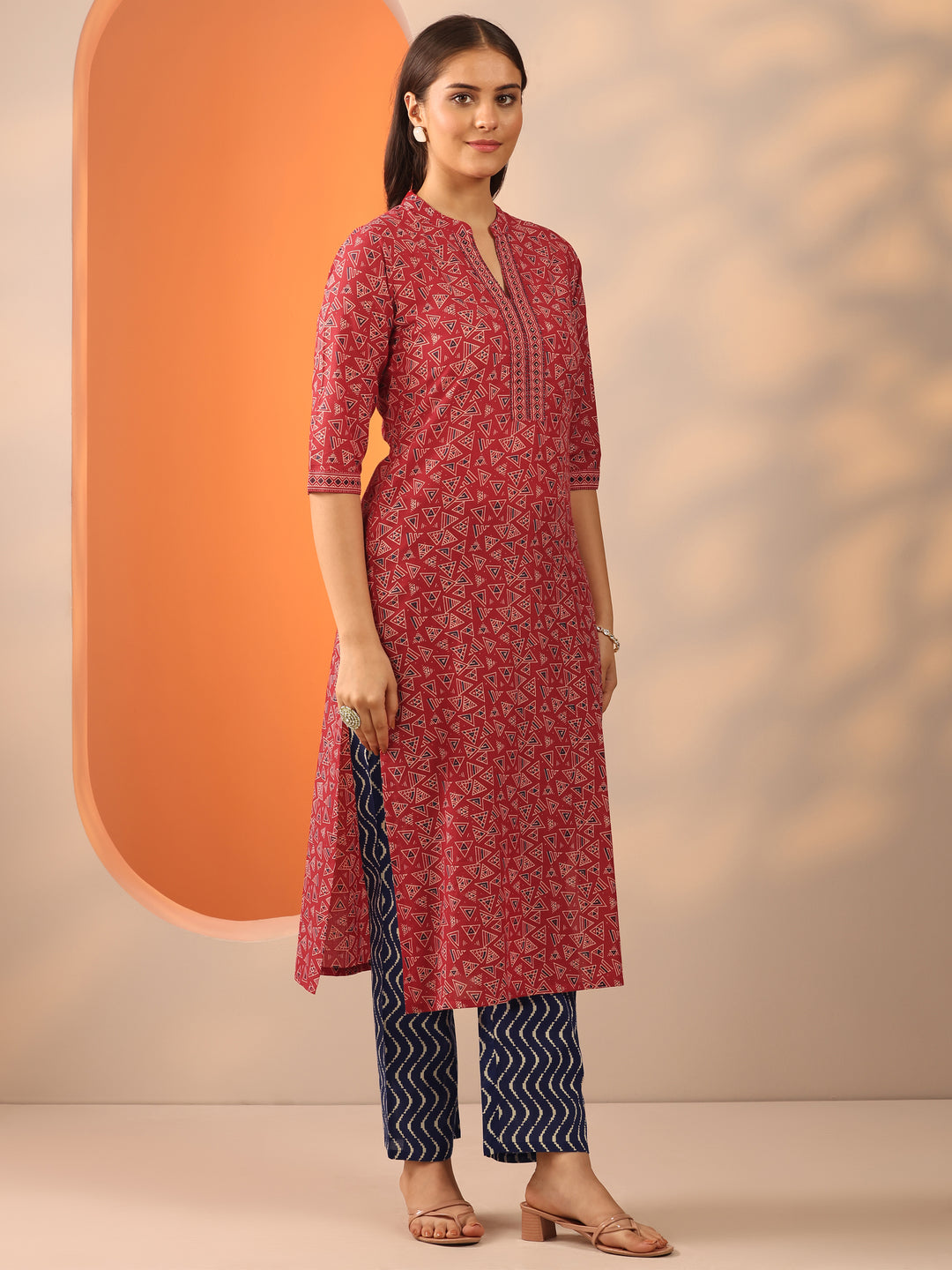  Red Printed Cotton Straight Suit Set With Dupatta 