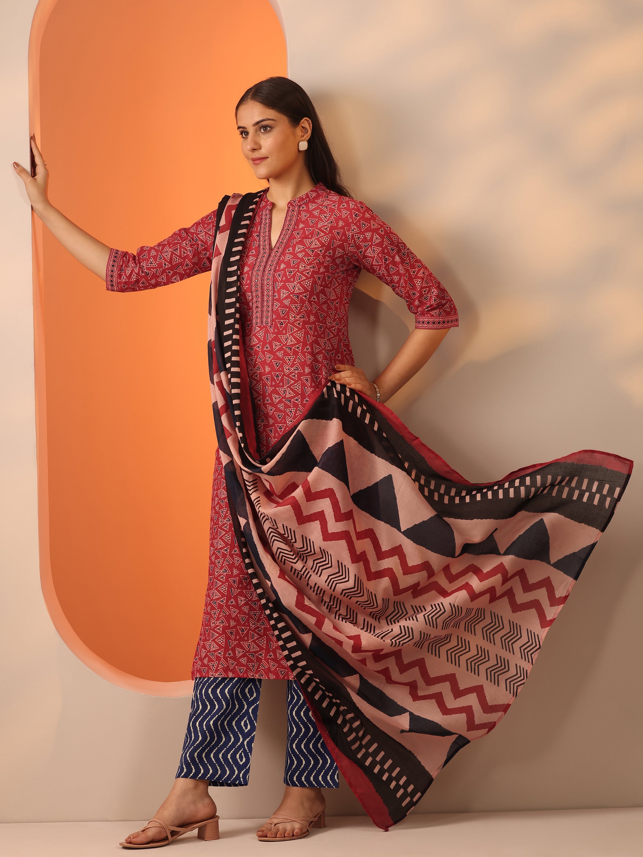 Red Printed Cotton Straight Suit Set With Dupatta-image-48