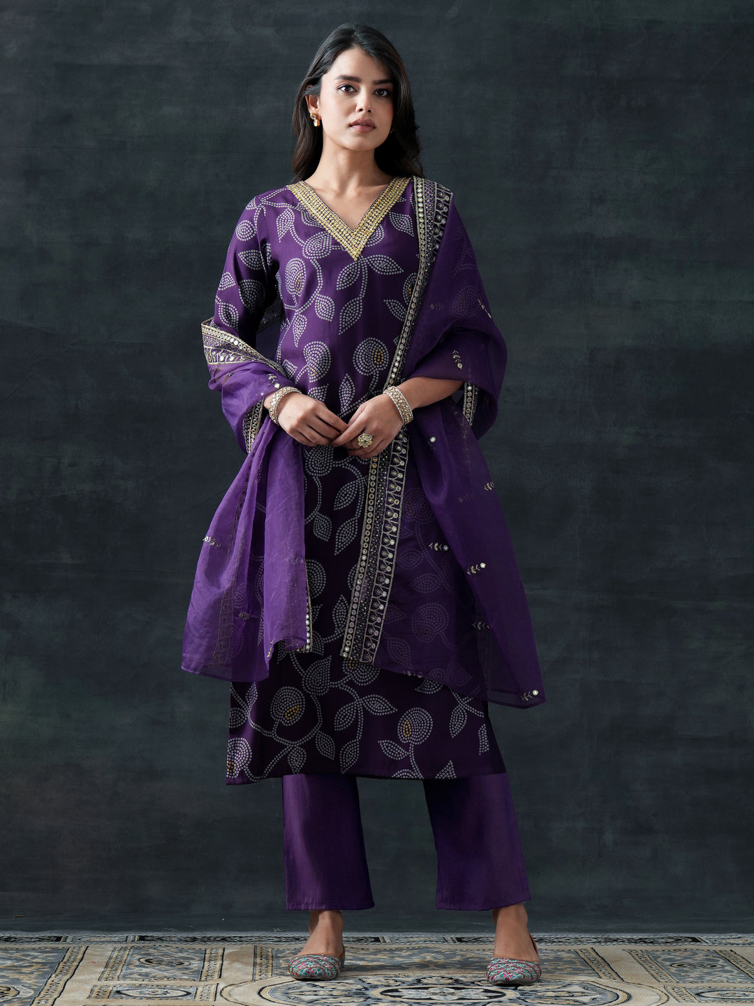  Purple Embroidered Silk Blend Straight Suit Set With Dupatta 