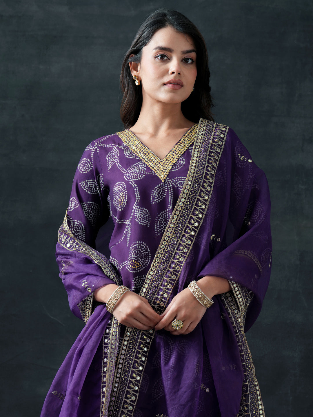  Purple Embroidered Silk Blend Straight Suit Set With Dupatta 
