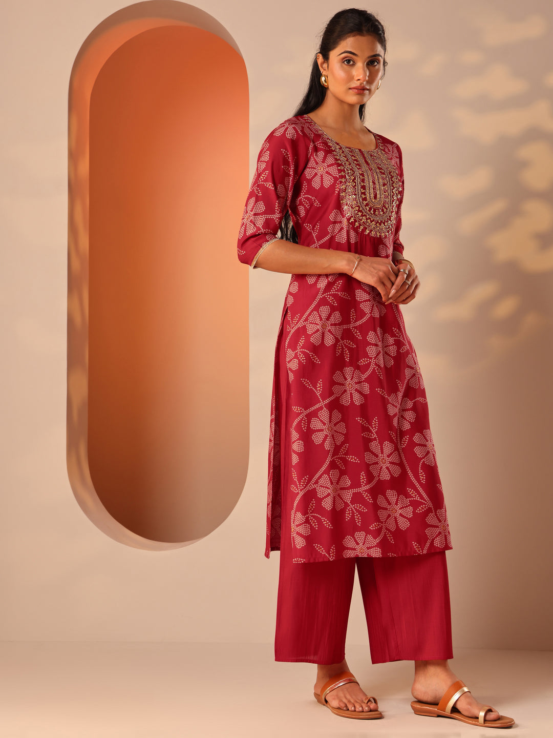  Red Printed Silk Blend Straight Suit Set With Dupatta 