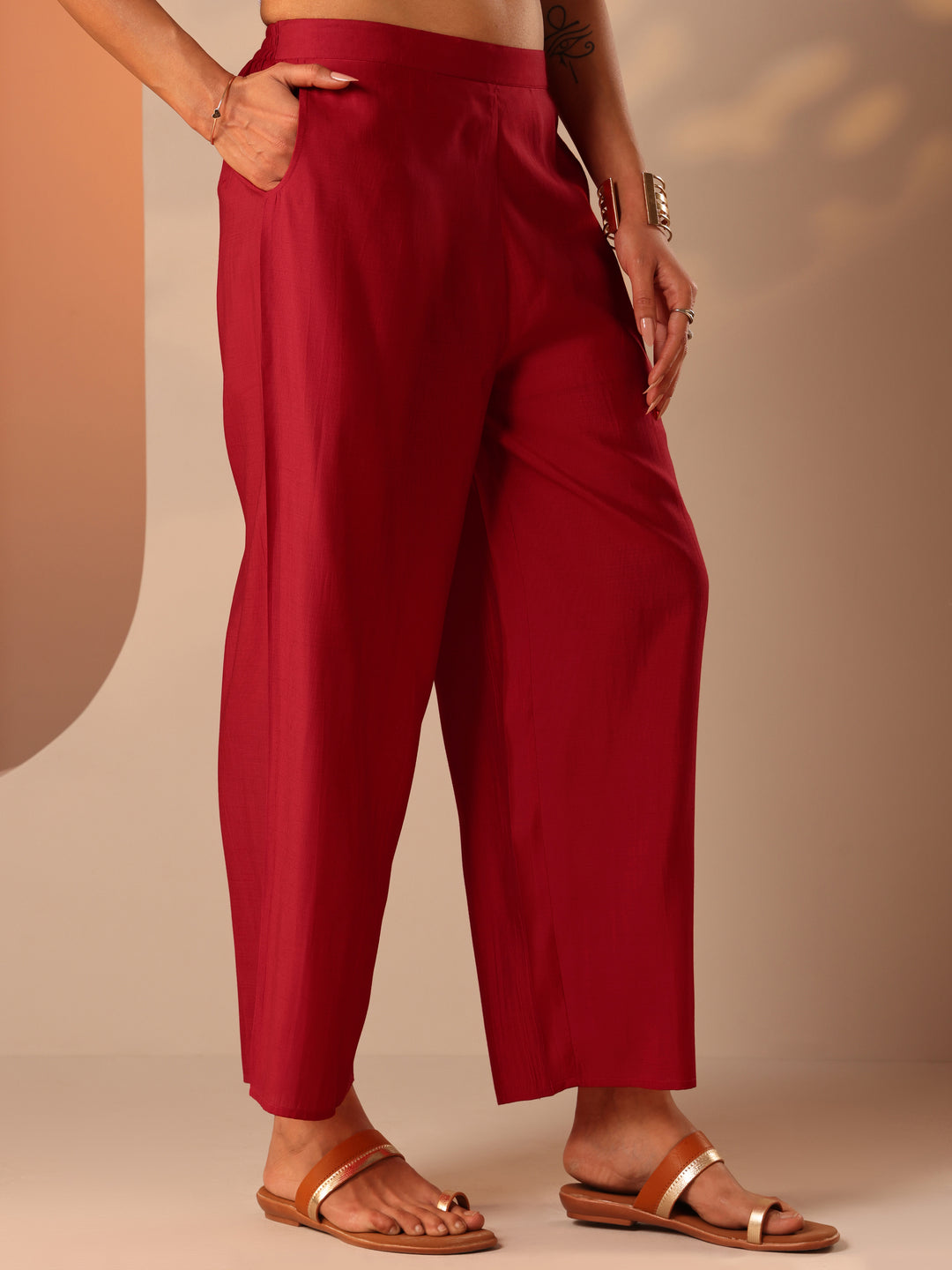  Red Printed Silk Blend Straight Suit Set With Dupatta 