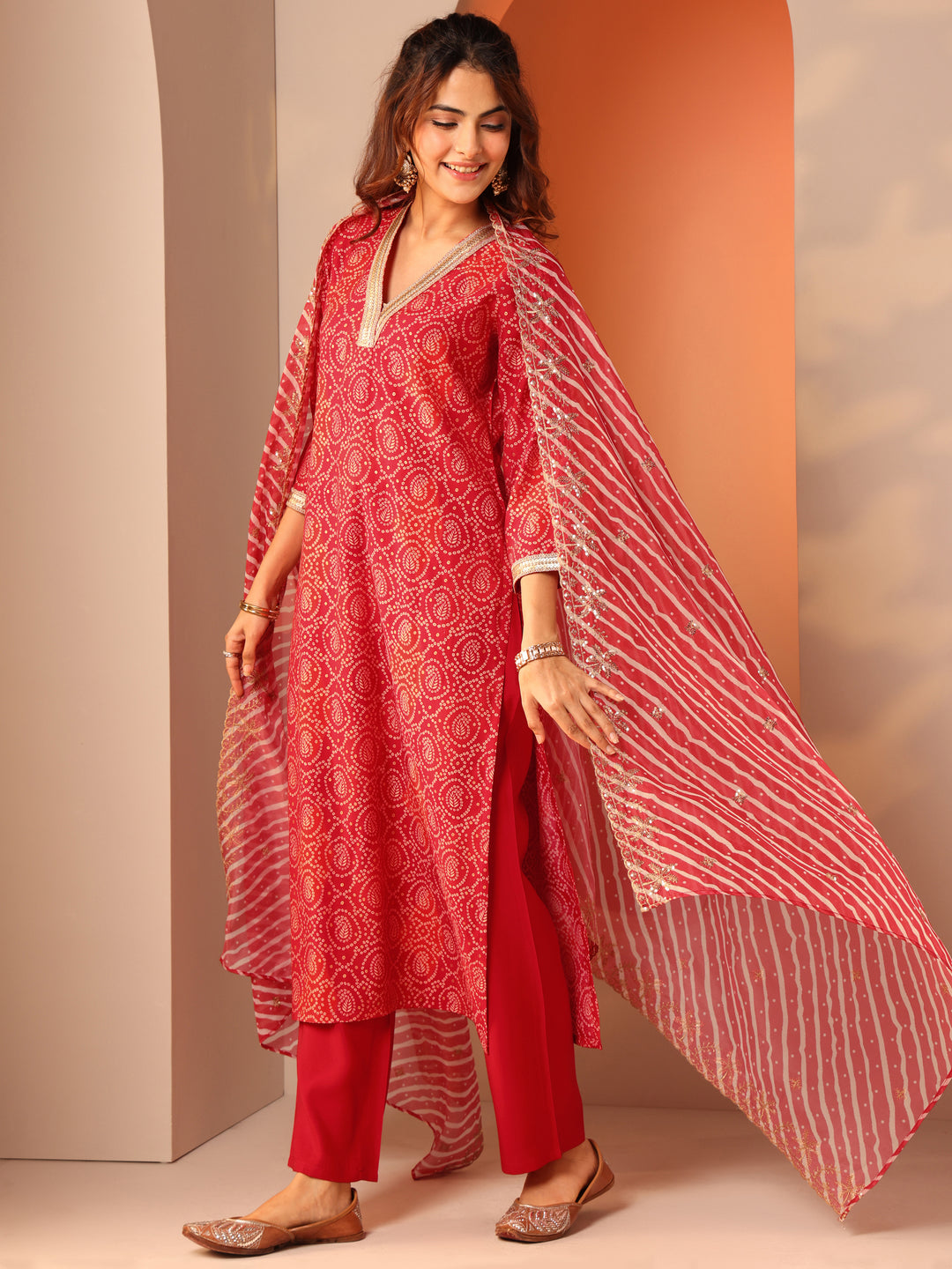  Red Printed Silk Blend Straight Suit Set With Dupatta 
