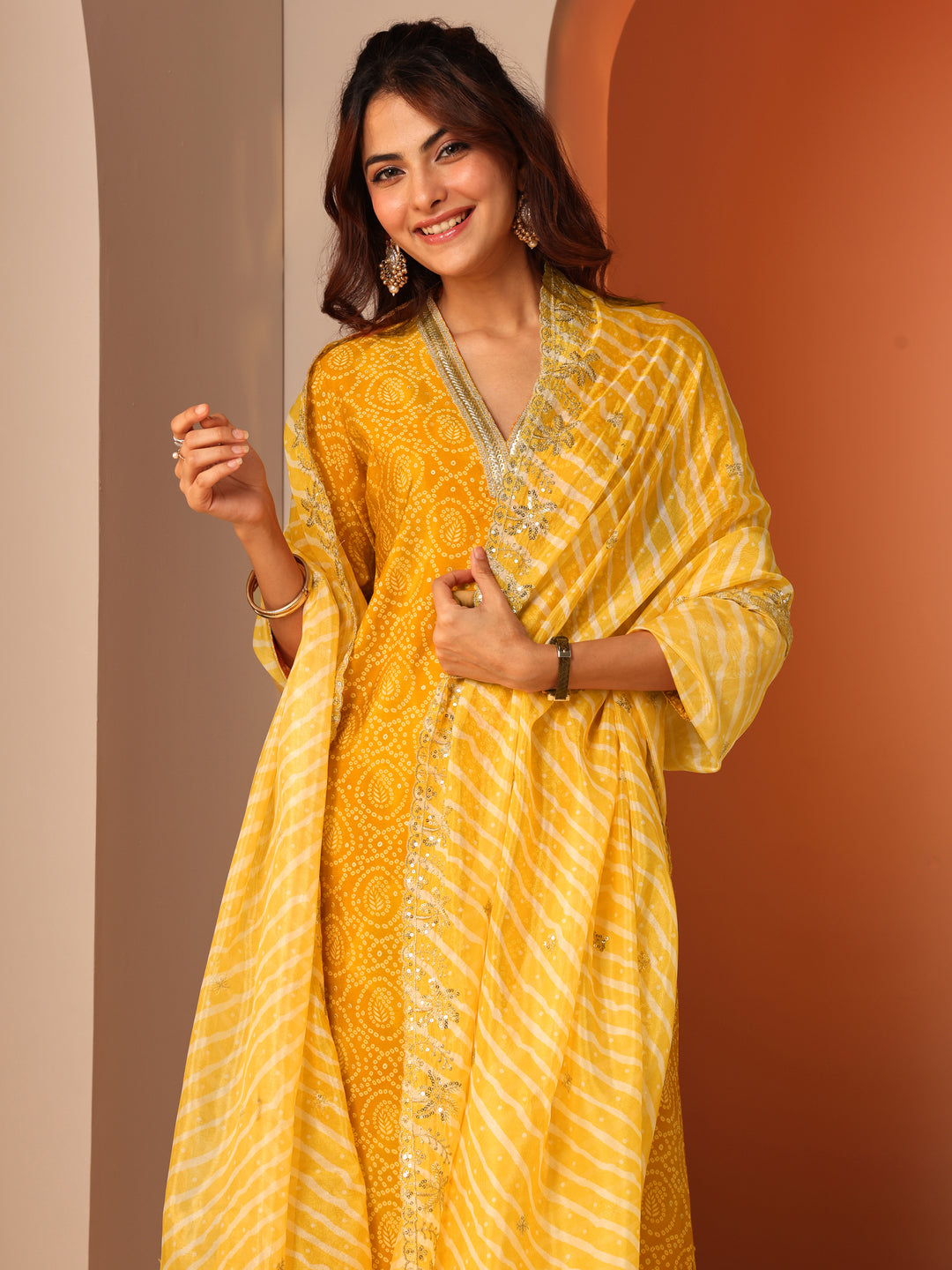 Yellow Printed Silk Blend Straight Suit Set With Dupatta 