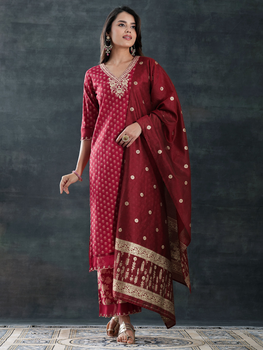  Maroon Woven Design Cotton Straight Suit Set With Dupatta 