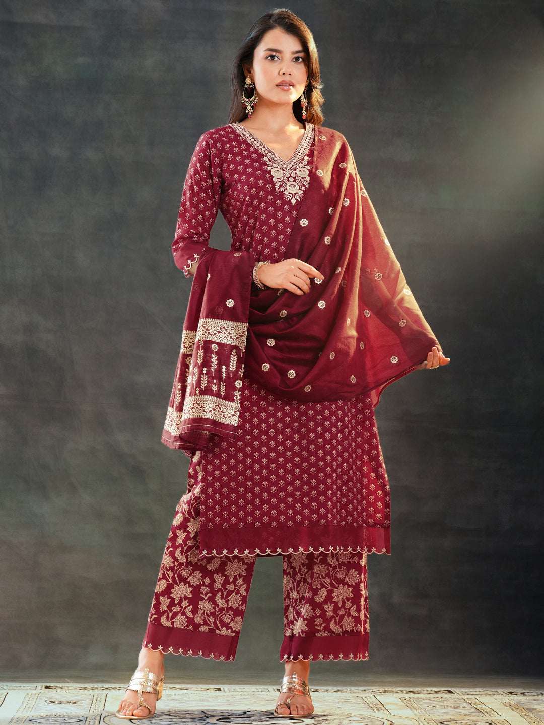 Maroon Woven Design Cotton Straight Suit Set With Dupatta