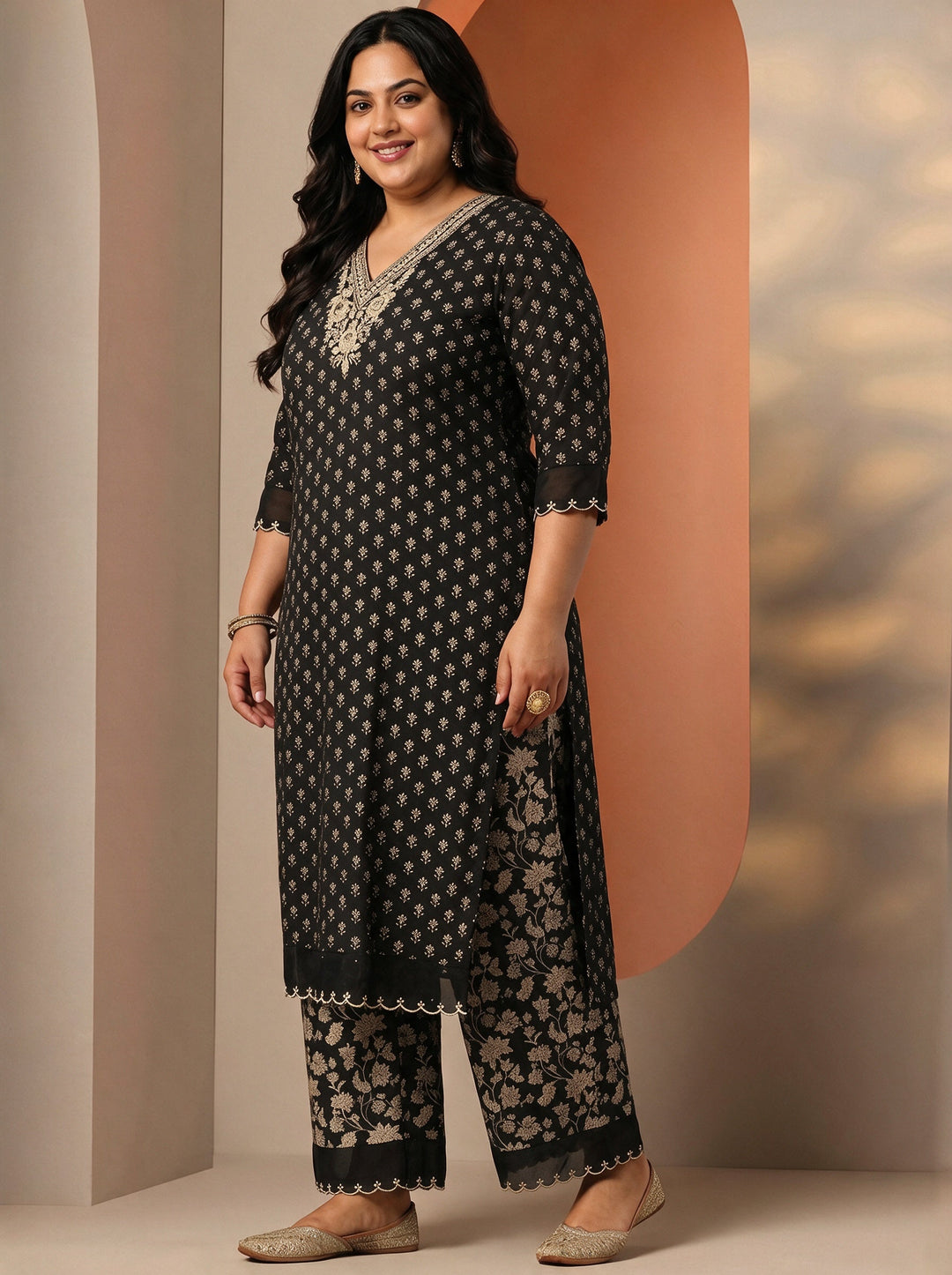  Plus Size Black Floral Printed Cotton Blend Straight Suit Set 